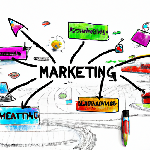 A colorful digital landscape with various marketing techniques represented by icons and arrows.