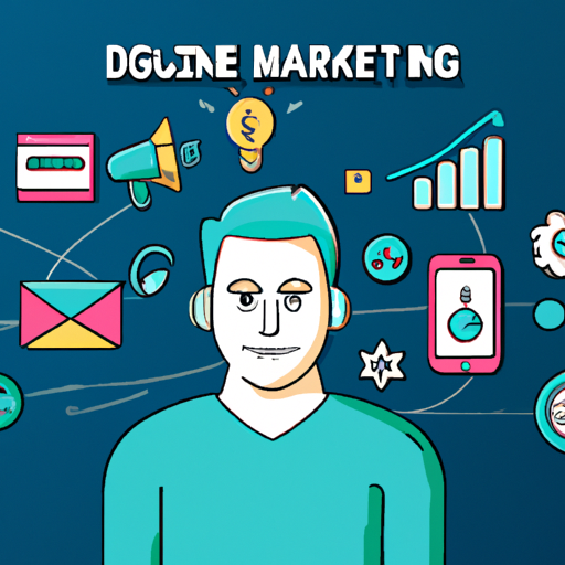 A person surrounded by digital marketing tools and icons, representing the complex world of online marketing.